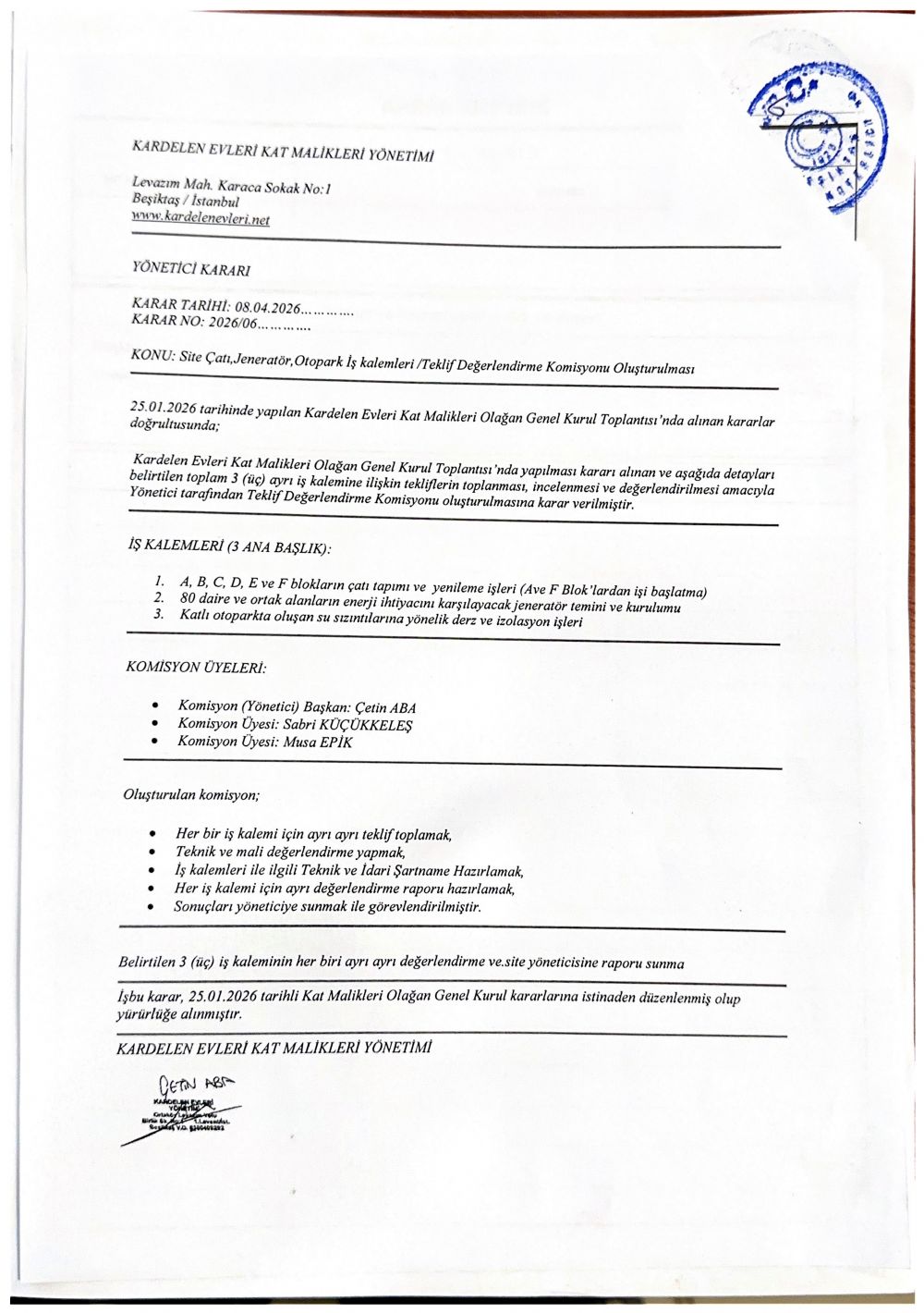 2026/06 Say�l� Y�netim �hale Komisyonu Olu�turma Karar�