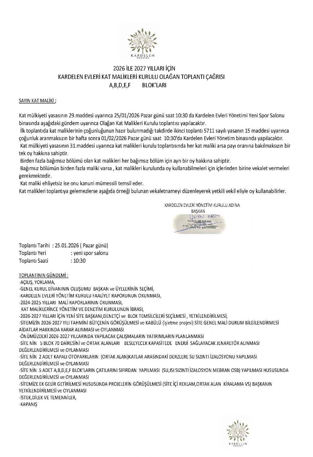 2026 ile 2027 y�llar� i�in Kardelen evleri kat malikleri kurulu ola�an toplant� �a�r�s�