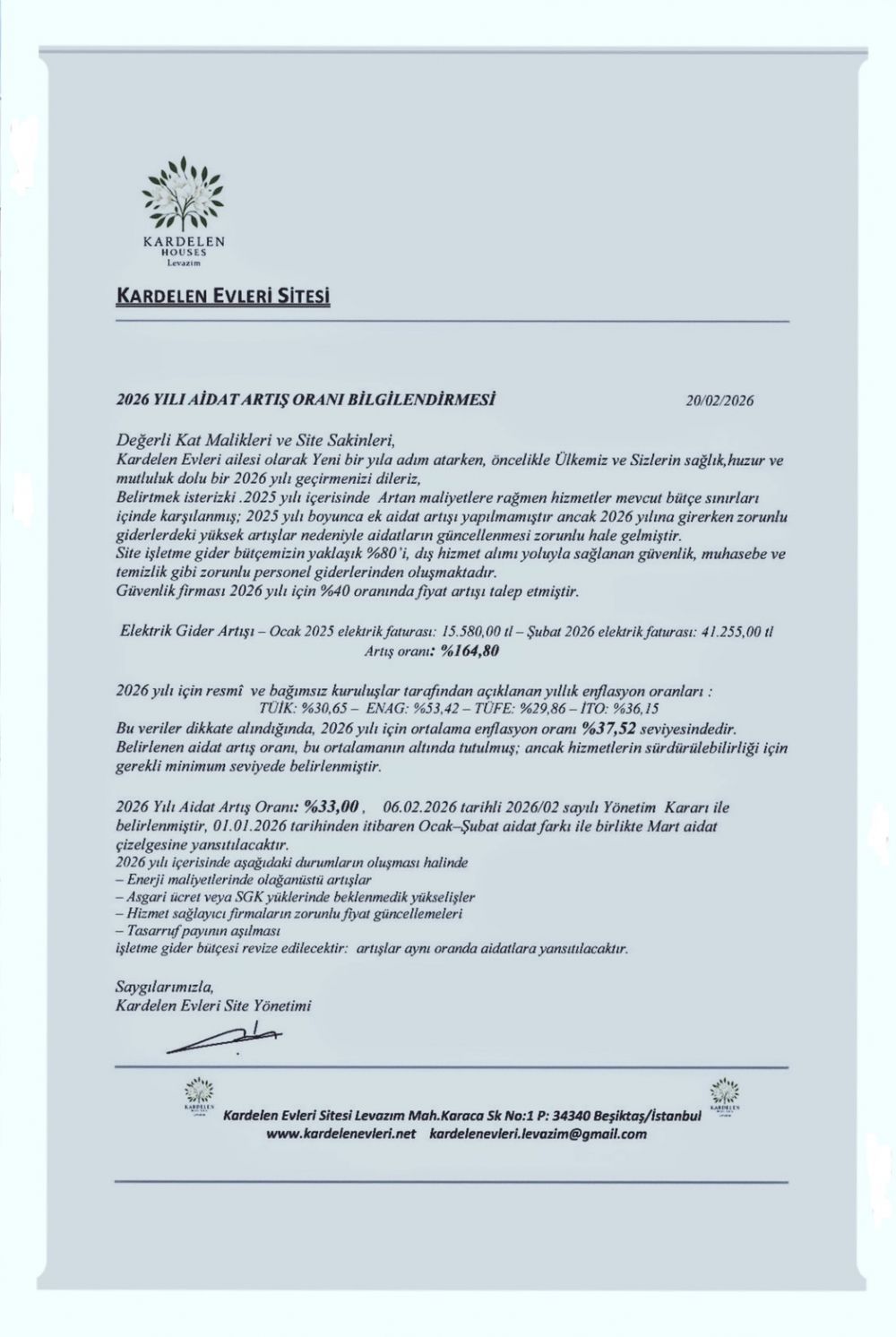 2026 Y�l� Aidat Art�� Bilgilendirme Duyurusu & 2026 y�l� tahmini i�letme b�t�esi